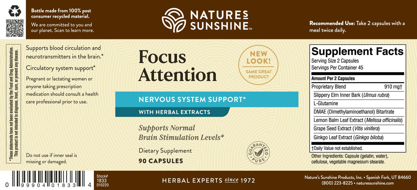 Nature's Sunshine Focus Attention, 90 Capsules, Provides Nutrients That Help Maintain Normal Brain-Stimulation Levels While Supporting Blood Circulation and Neurotransmitter Levels in The Brain - dailyvitalstore