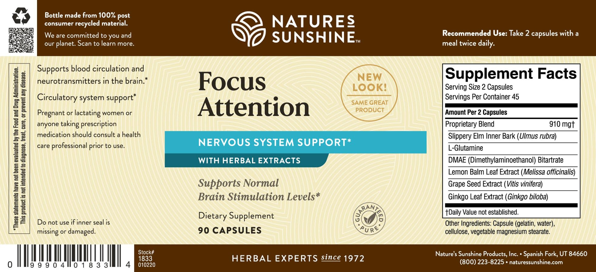 Nature's Sunshine Focus Attention, 90 Capsules, Provides Nutrients That Help Maintain Normal Brain-Stimulation Levels While Supporting Blood Circulation and Neurotransmitter Levels in The Brain - dailyvitalstore