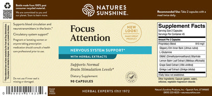 Nature's Sunshine Focus Attention, 90 Capsules, Provides Nutrients That Help Maintain Normal Brain-Stimulation Levels While Supporting Blood Circulation and Neurotransmitter Levels in The Brain - dailyvitalstore