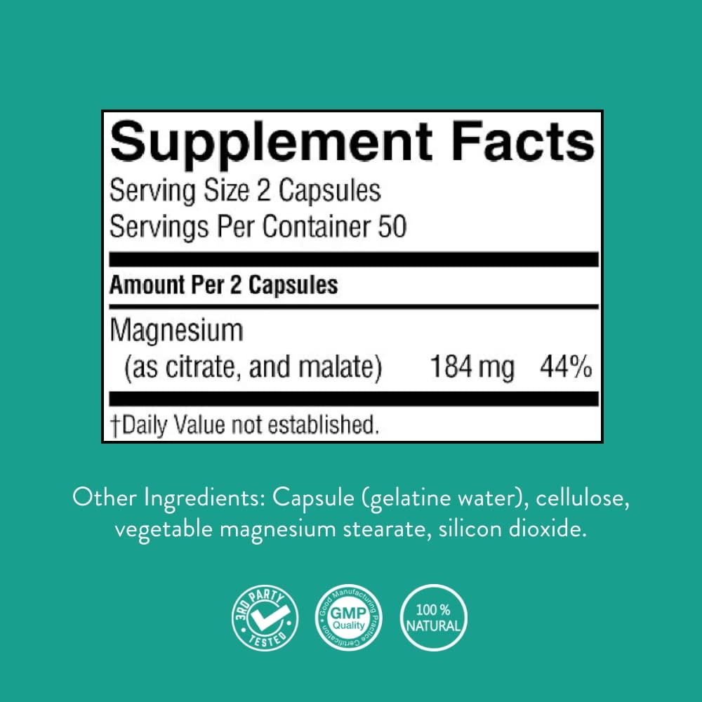 Nature’s Sunshine Magnesium Complex - High Potency Magnesium Supplement with Citrate & Malate for Relaxation, Optimal Absorption, Muscle Function, Energy Production - 50 Servings (100 Capsules) - dailyvitalstore