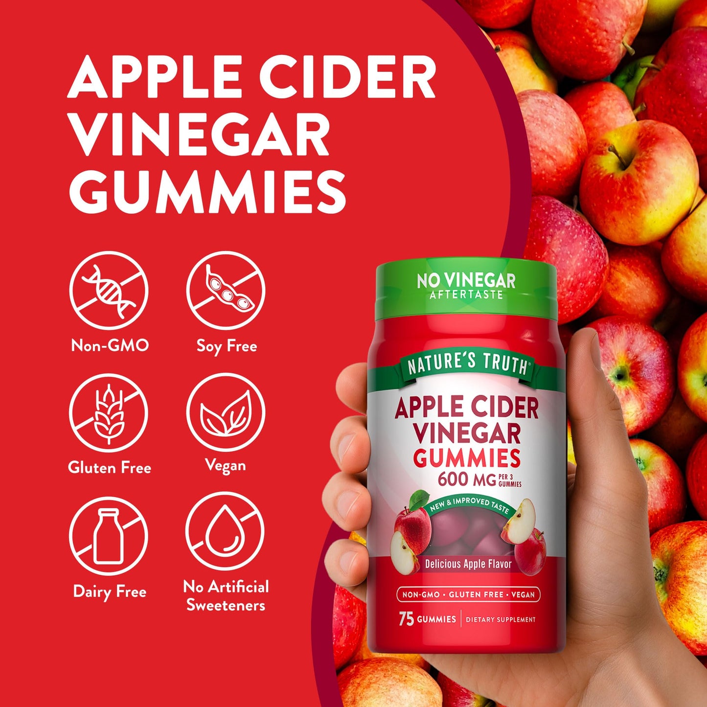 Nature's Truth Apple Cider Vinegar Gummies | 600 mg | 75 Gummies | Apple Flavor | Vegan, Non-GMO, Gluten Free Supplement. - dailyvitalstore