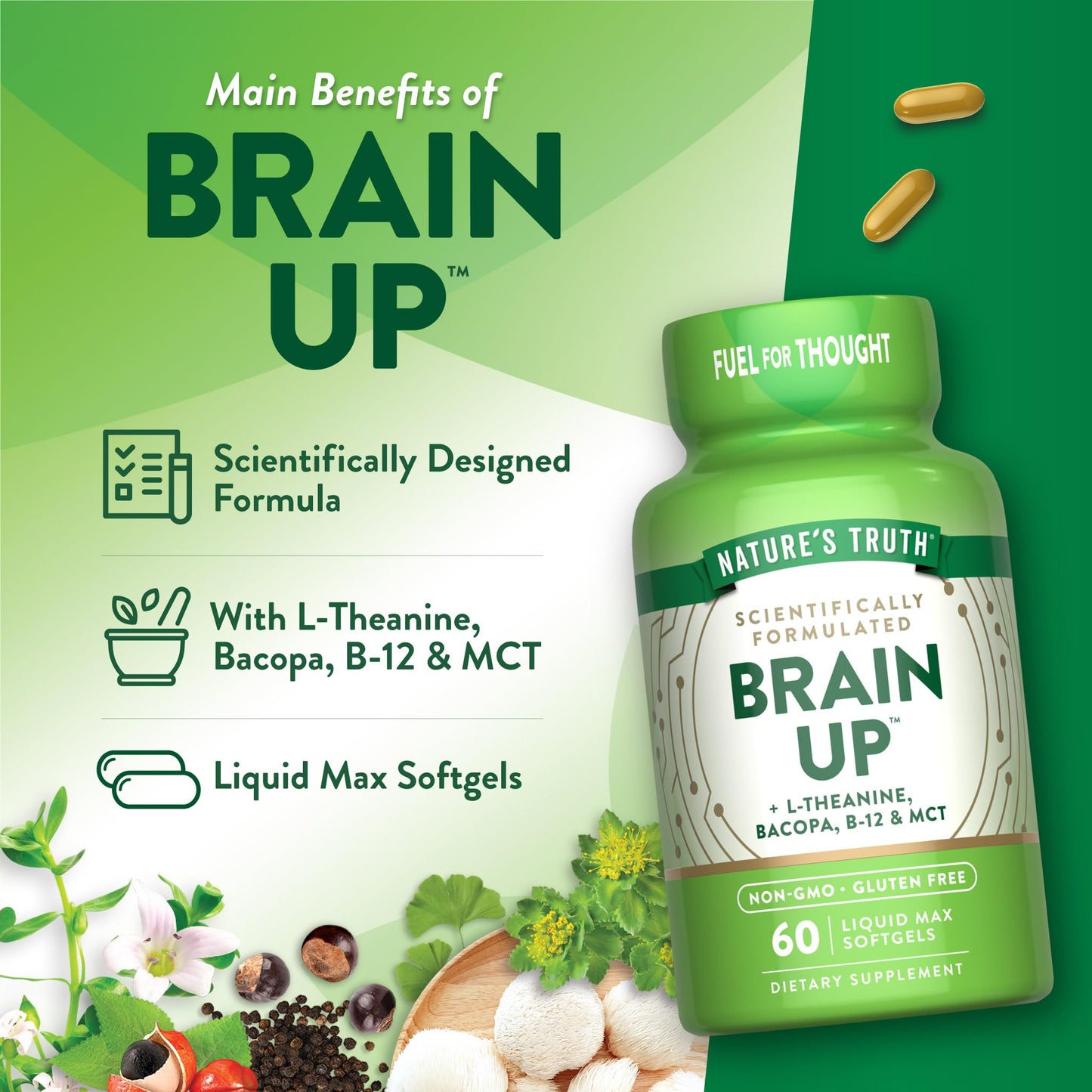 Nature's Truth Brain Up Softgels | 60 Count | with L-Theanine, Bacopa, B-12 & MCT | Non-GMO and Gluten Free Supplement - dailyvitalstore