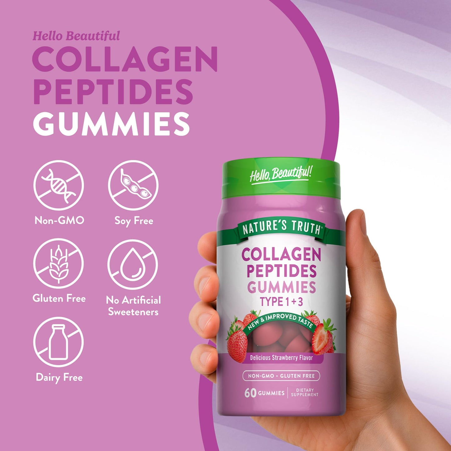 Nature's Truth Collagen Peptide Gummies for Women | 60 Count Type 1 and 3 | Strawberry Flavor - dailyvitalstore