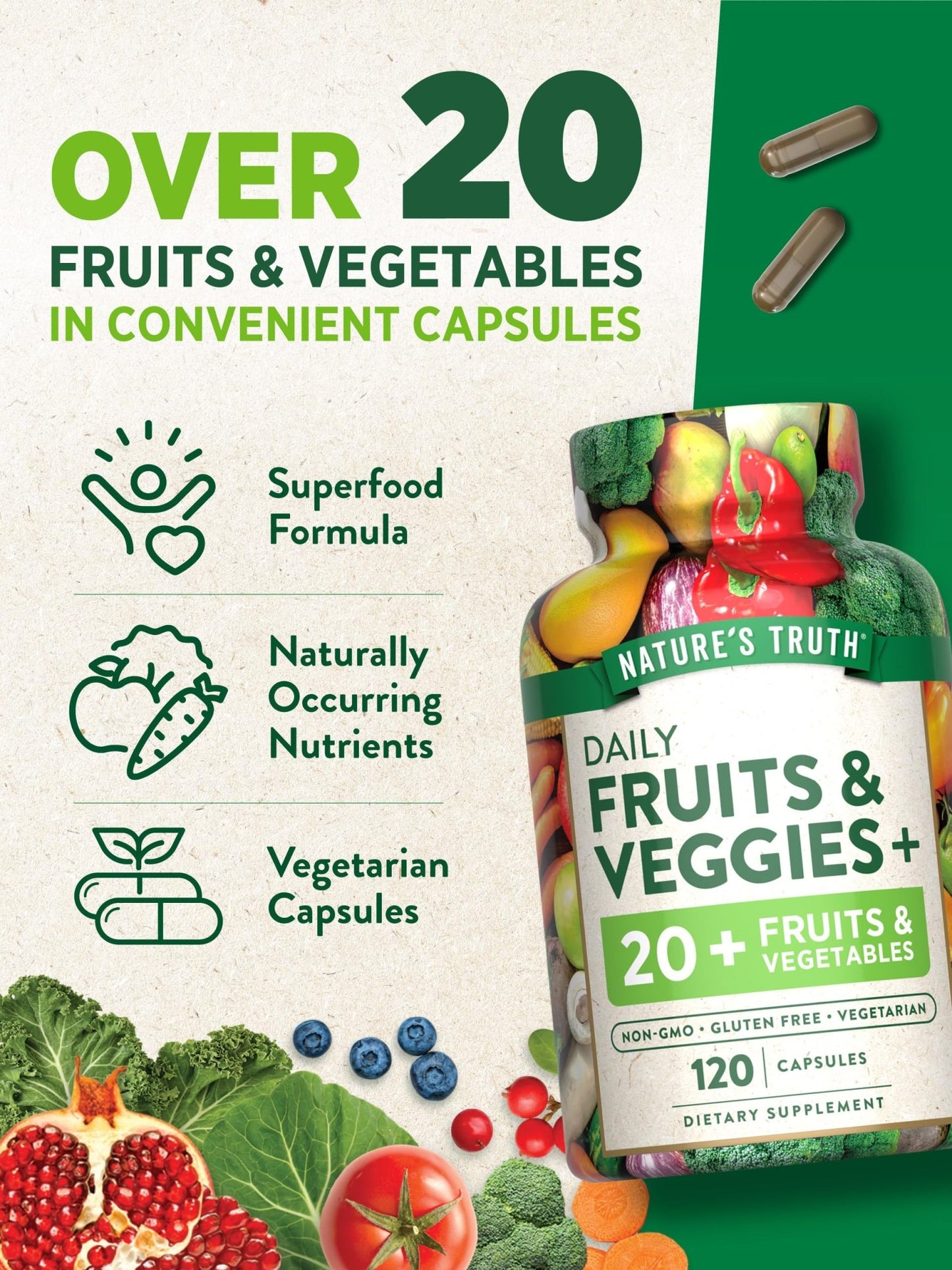 Nature's Truth Fruit and Veggies Supplement | 120 Vegetarian Capsules | 20+ Fruits & Vegetables | Vegetarian, Non-GMO, and Gluten Free Supplement - dailyvitalstore