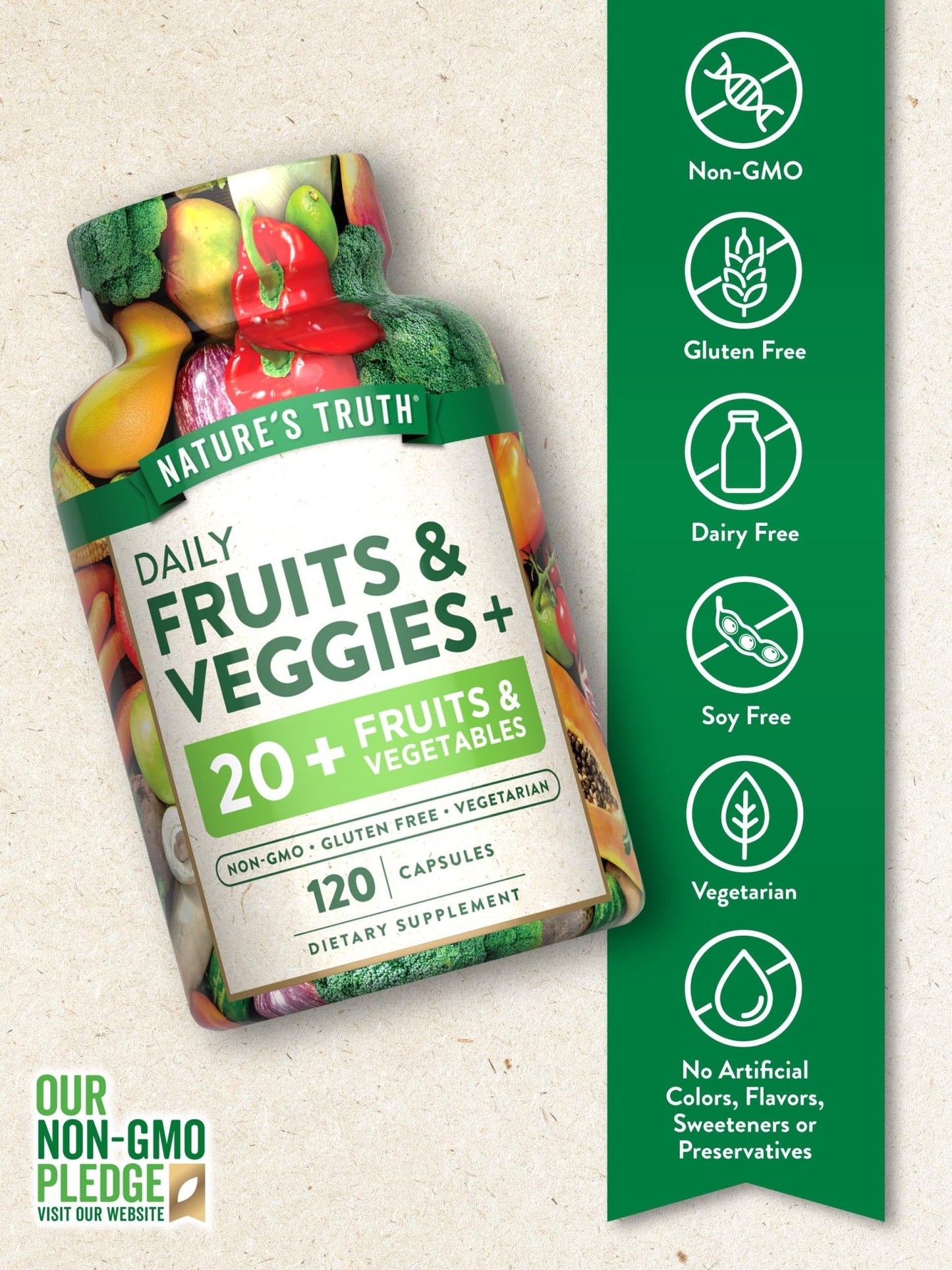 Nature's Truth Fruit and Veggies Supplement | 120 Vegetarian Capsules | 20+ Fruits & Vegetables | Vegetarian, Non-GMO, and Gluten Free Supplement - dailyvitalstore