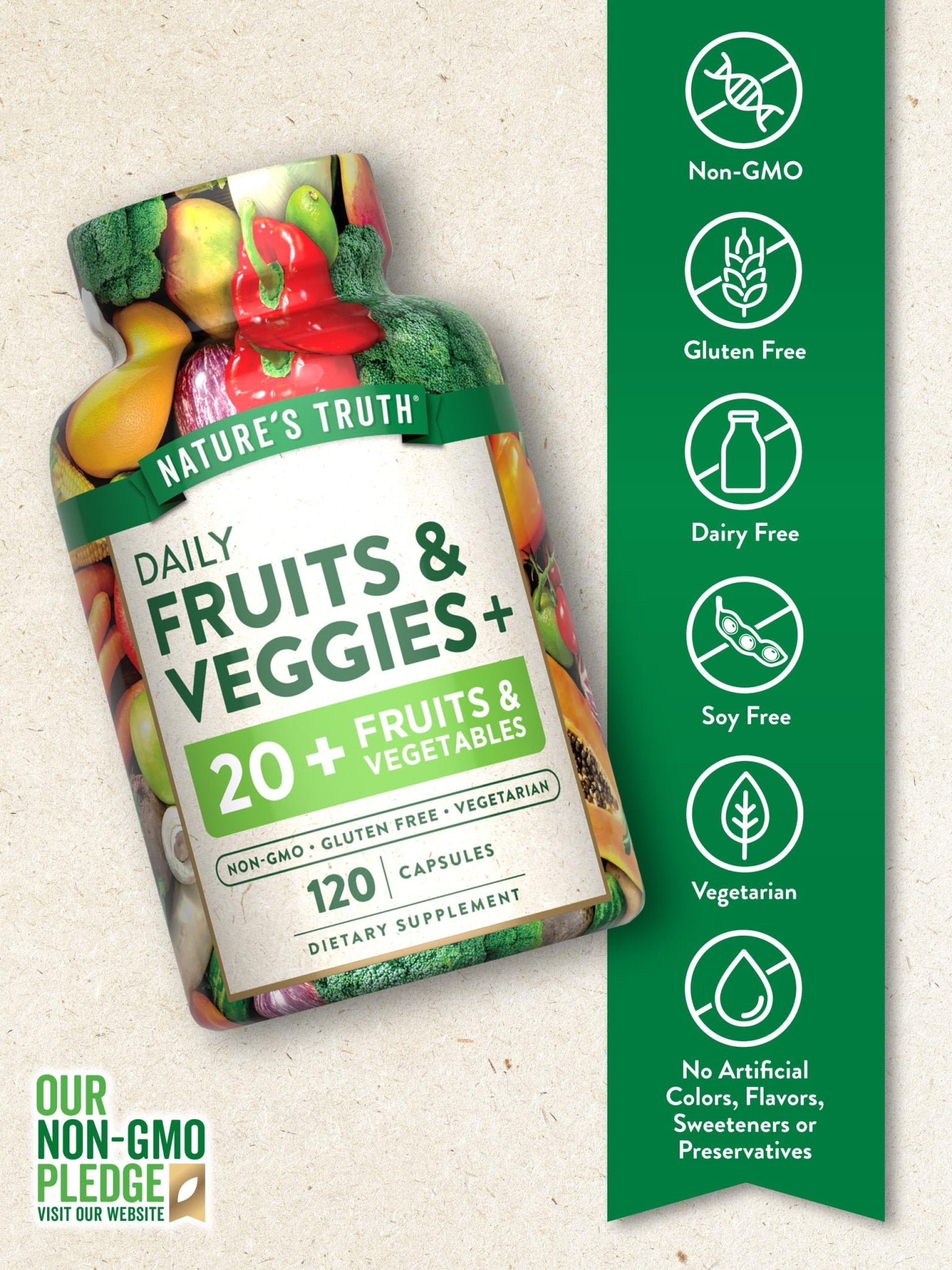 Nature's Truth Fruit and Veggies Supplement | 120 Vegetarian Capsules | 20+ Fruits & Vegetables | Vegetarian, Non-GMO, and Gluten Free Supplement - dailyvitalstore