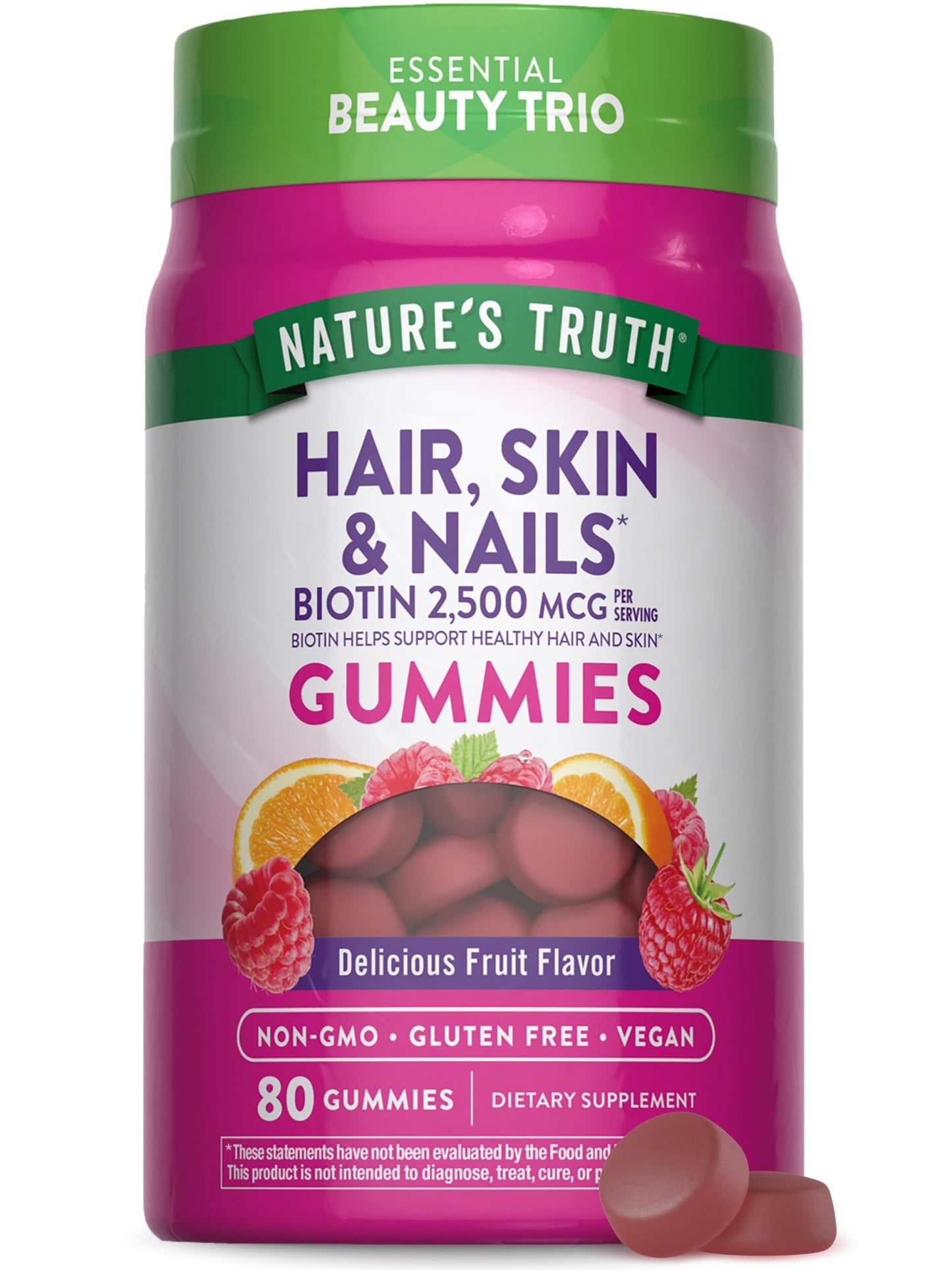 Nature's Truth Hair Skin and Nails Gummies | 80 Count | 2500mcg of Biotin | Vegan, Non-GMO, Gluten Free Supplement | Vitamin for Women & Men - dailyvitalstore