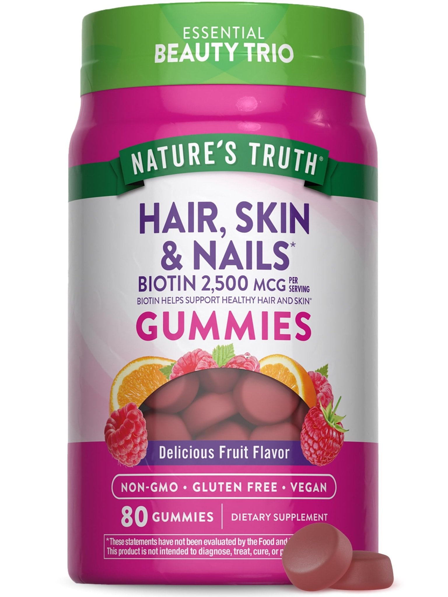 Nature's Truth Hair Skin and Nails Gummies | 80 Count | 2500mcg of Biotin | Vegan, Non-GMO, Gluten Free Supplement | Vitamin for Women & Men - dailyvitalstore