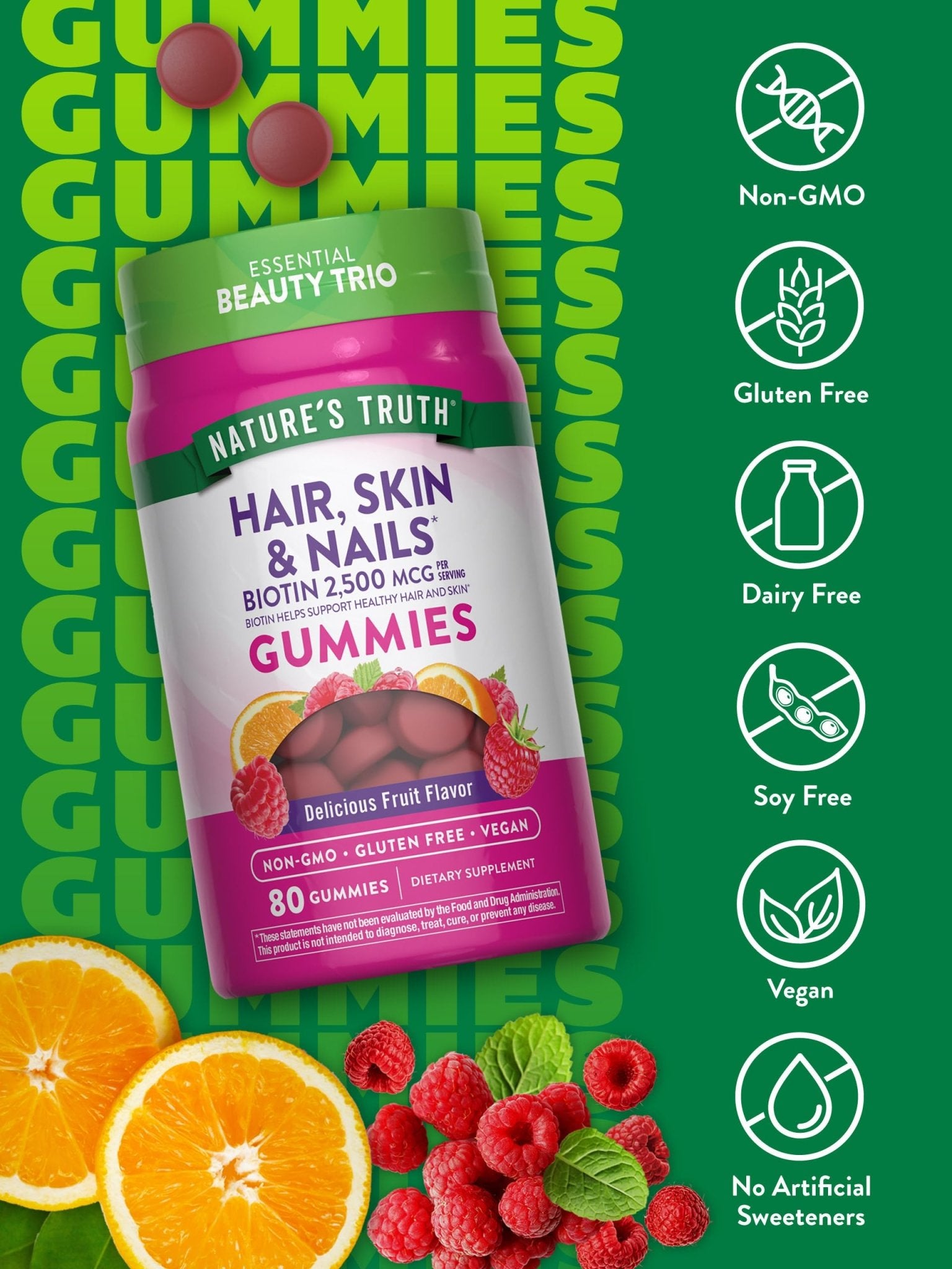 Nature's Truth Hair Skin and Nails Gummies | 80 Count | 2500mcg of Biotin | Vegan, Non-GMO, Gluten Free Supplement | Vitamin for Women & Men - dailyvitalstore