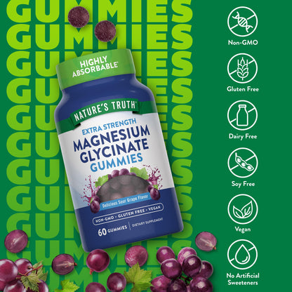 Nature's Truth Magnesium Glycinate Gummies | 60 Count | Sour Grape Flavor | Vegan, Non-GMO & Gluten Free Supplement - dailyvitalstore