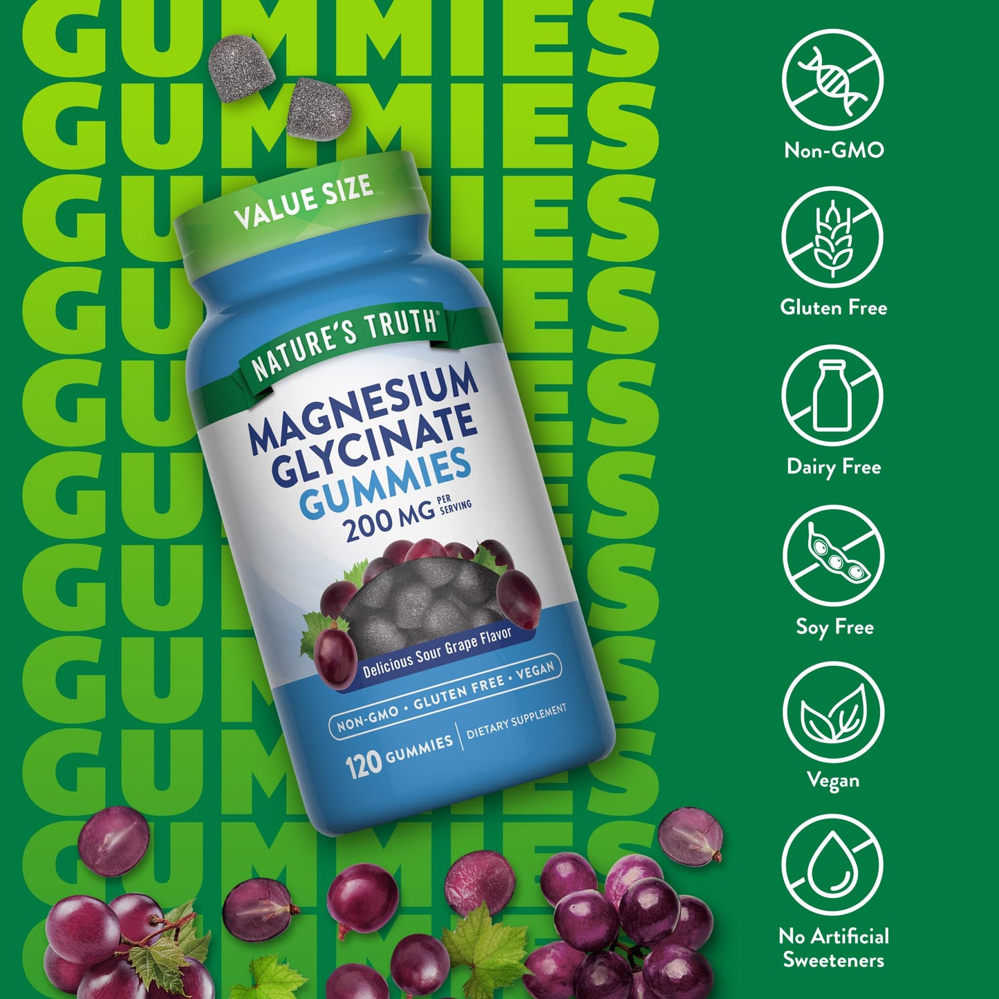Nature's Truth Magnesium Glycinate Gummies for Adults | 200mg | 120 Count | Grape Flavor | Vegan, Non-GMO & Gluten Free Supplement - dailyvitalstore