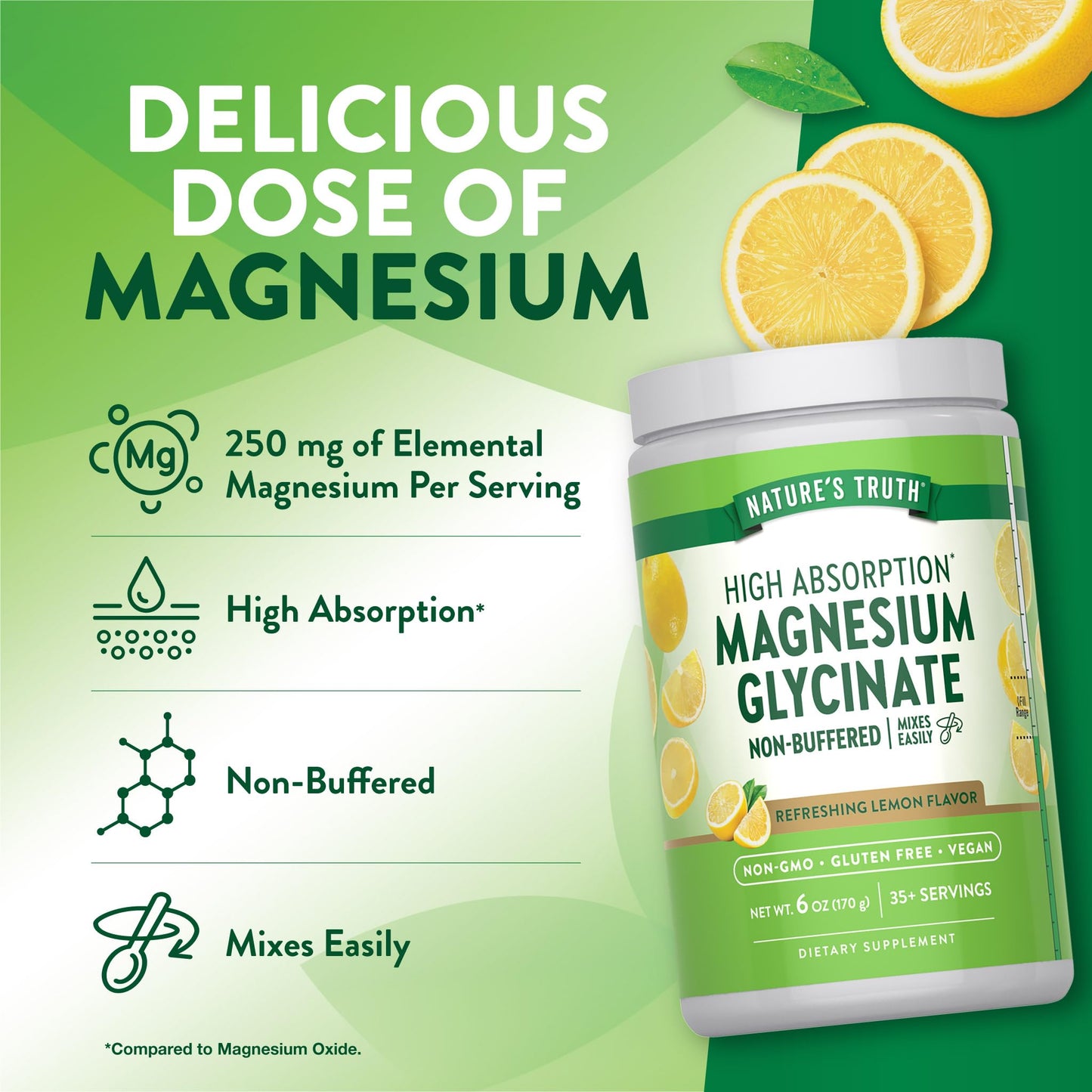 Nature's Truth Magnesium Glycinate Powder | 6 oz | Lemon Flavor | High Absorption | Vegan, Non-GMO, Gluten Free Supplement - dailyvitalstore