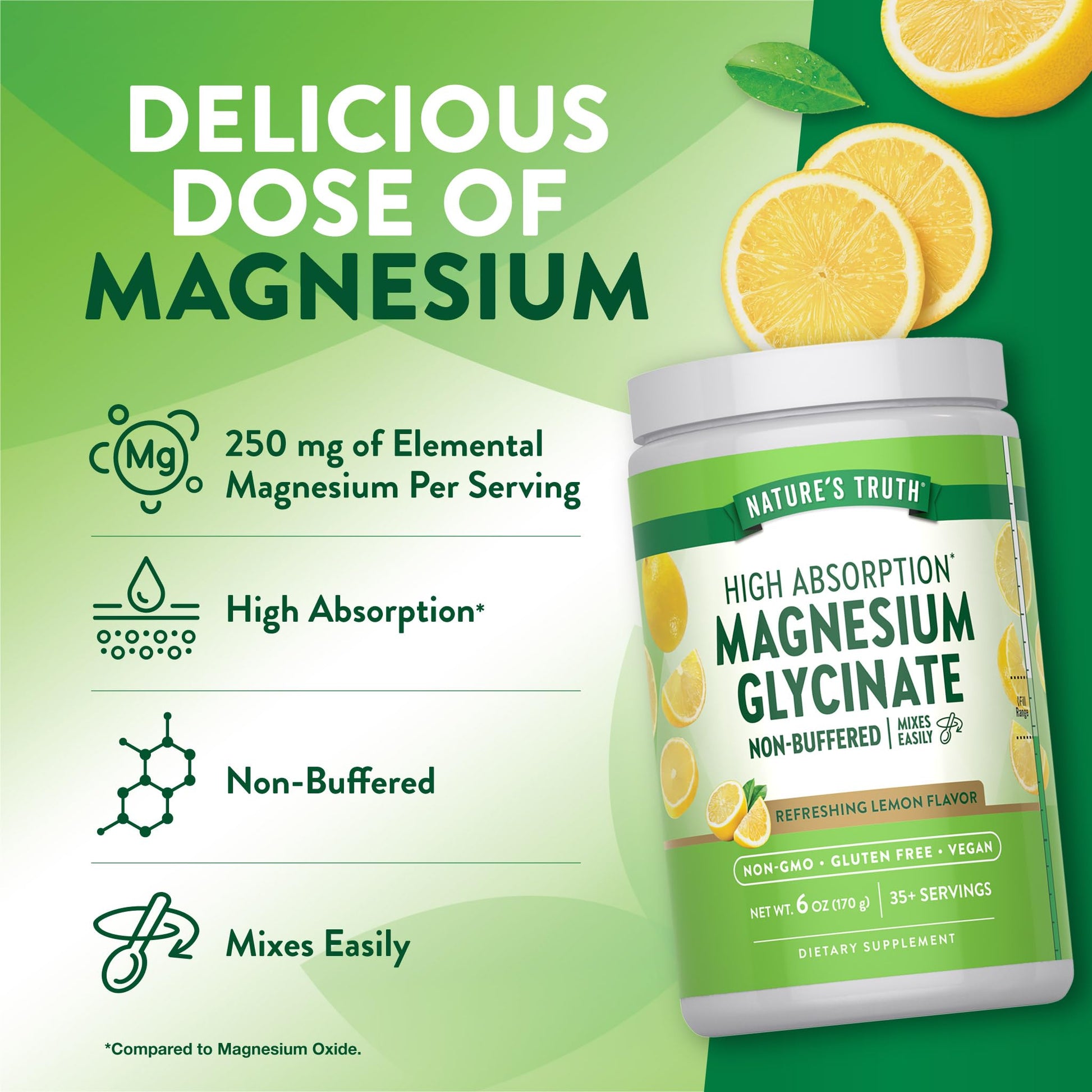 Nature's Truth Magnesium Glycinate Powder | 6 oz | Lemon Flavor | High Absorption | Vegan, Non-GMO, Gluten Free Supplement - dailyvitalstore