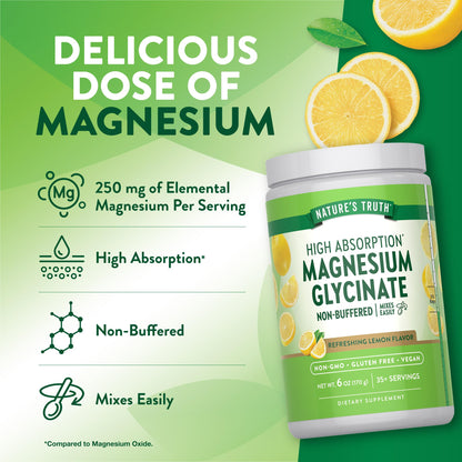 Nature's Truth Magnesium Glycinate Powder | 6 oz | Lemon Flavor | High Absorption | Vegan, Non-GMO, Gluten Free Supplement - dailyvitalstore