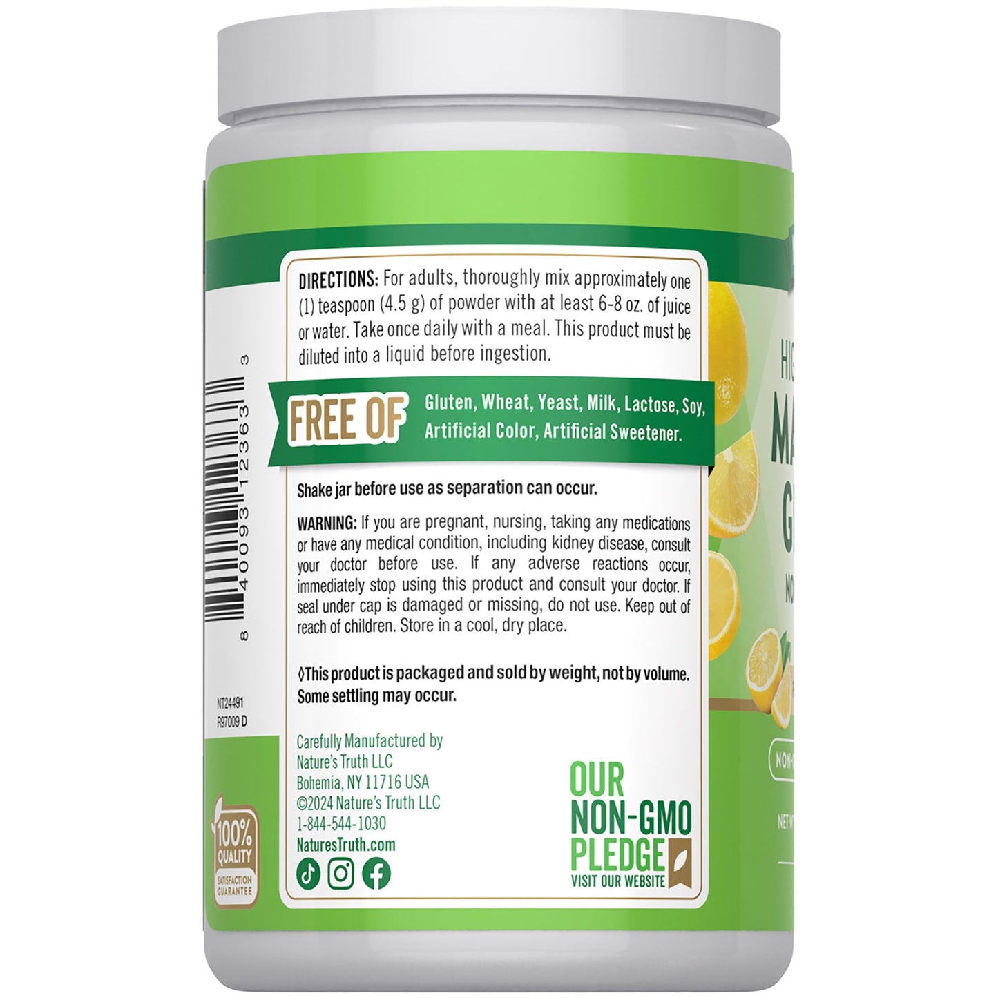 Nature's Truth Magnesium Glycinate Powder | 6 oz | Lemon Flavor | High Absorption | Vegan, Non-GMO, Gluten Free Supplement - dailyvitalstore
