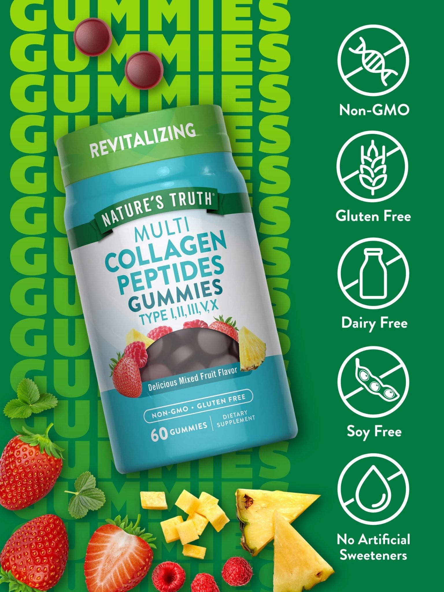 Nature's Truth Multi Collagen Gummies | Type I, II, III, V, X | 60 Count | Non-GMO & Gluten Free Complex Supplement | Mixed Fruit Flavor - dailyvitalstore