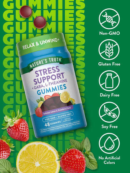 Nature's Truth Stress Relief Gummies for Adults | with Gaba, L Theanine, and Lemon Balm | Lemon Strawberry Flavor | Non-GMO & Gluten Free Supplement - dailyvitalstore