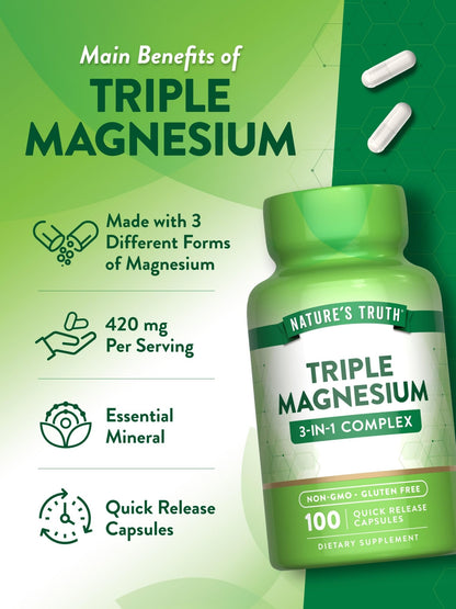Nature's Truth Triple Magnesium Complex Supplement | 100 Capsules | 420 mg Magnesium Oxide, Citrate & Aspartate | Non-GMO & Gluten Free - dailyvitalstore