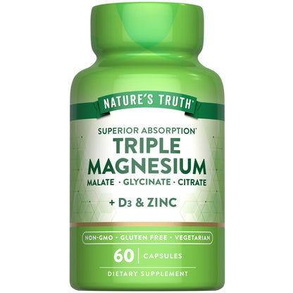 Nature's Truth Triple Magnesium Complex Supplement | 60 Capsules | Glycinate, Citrate & Malate | with D3 & Zinc | Vegetarian, Non-GMO, & Gluten Free - dailyvitalstore