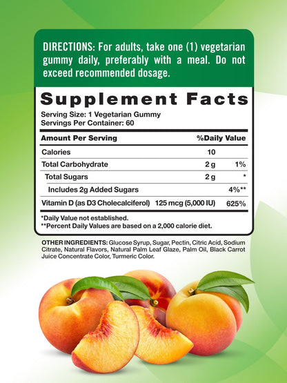 Nature's Truth Vitamin D3 Gummies | 5000 IU | 60 Count | Peach Flavor | Vegetarian, Non-GMO & Gluten Free Supplement - dailyvitalstore