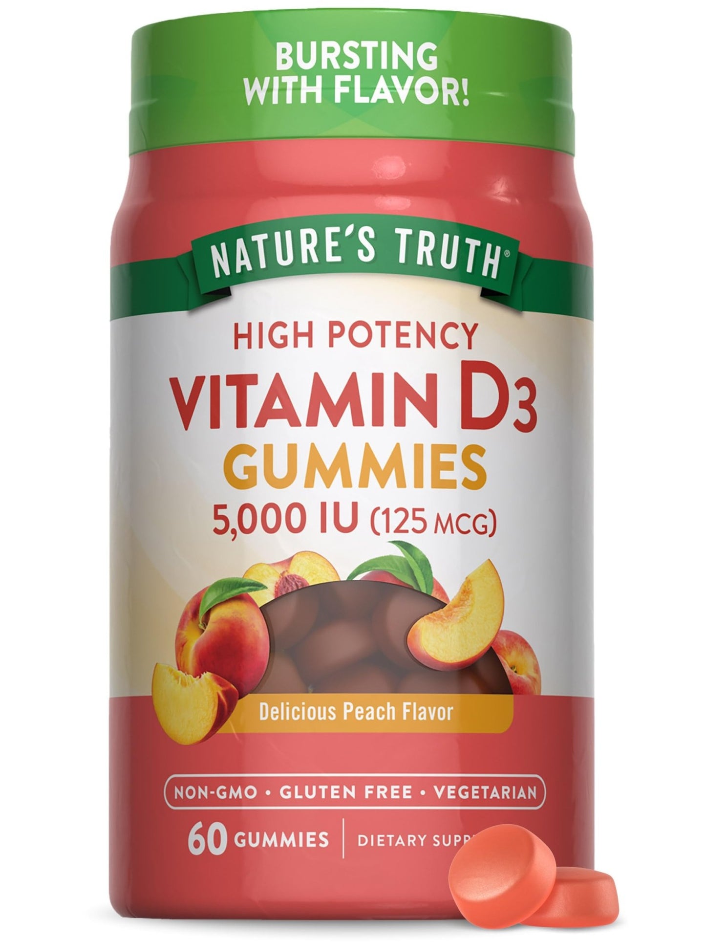Nature's Truth Vitamin D3 Gummies | 5000 IU | 60 Count | Peach Flavor | Vegetarian, Non-GMO & Gluten Free Supplement - dailyvitalstore