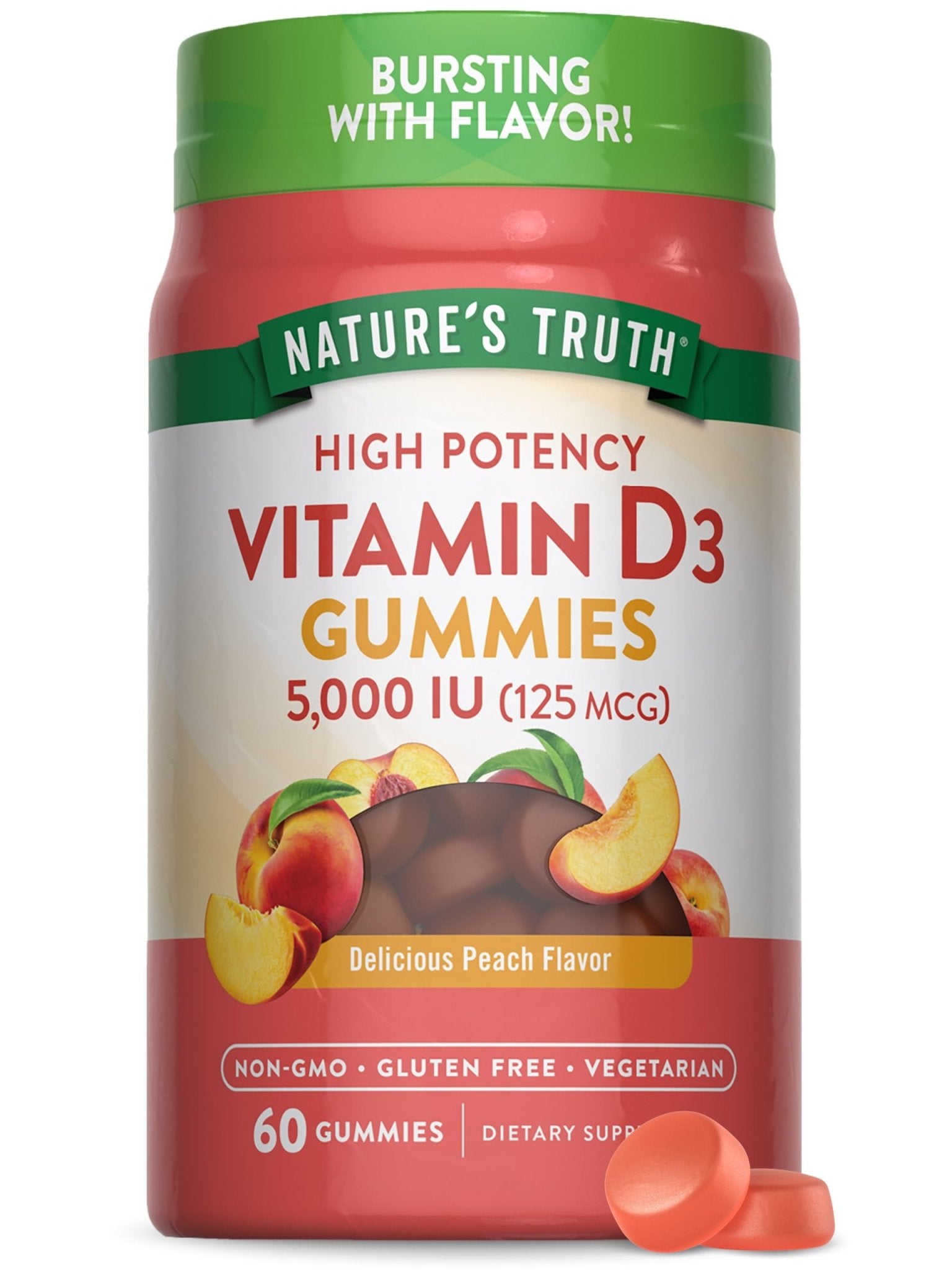 Nature's Truth Vitamin D3 Gummies | 5000 IU | 60 Count | Peach Flavor | Vegetarian, Non-GMO & Gluten Free Supplement - dailyvitalstore