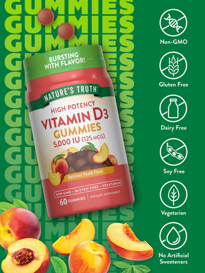 Nature's Truth Vitamin D3 Gummies | 5000 IU | 60 Count | Peach Flavor | Vegetarian, Non-GMO & Gluten Free Supplement - dailyvitalstore