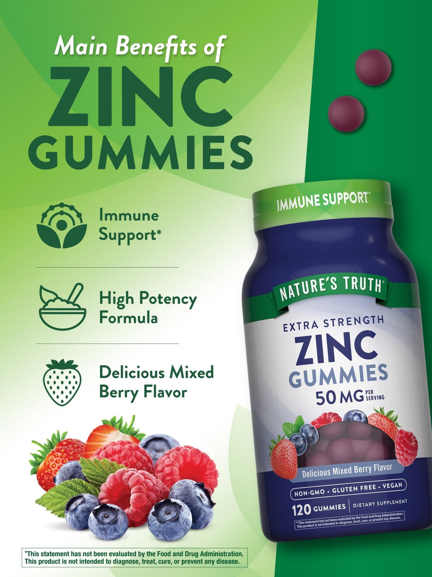 Nature's Truth Zinc Gummies for Adults | 50mg | 120 Count | Vegan, Non-GMO & Gluten Free Supplement | Mixed Berry Flavor - dailyvitalstore
