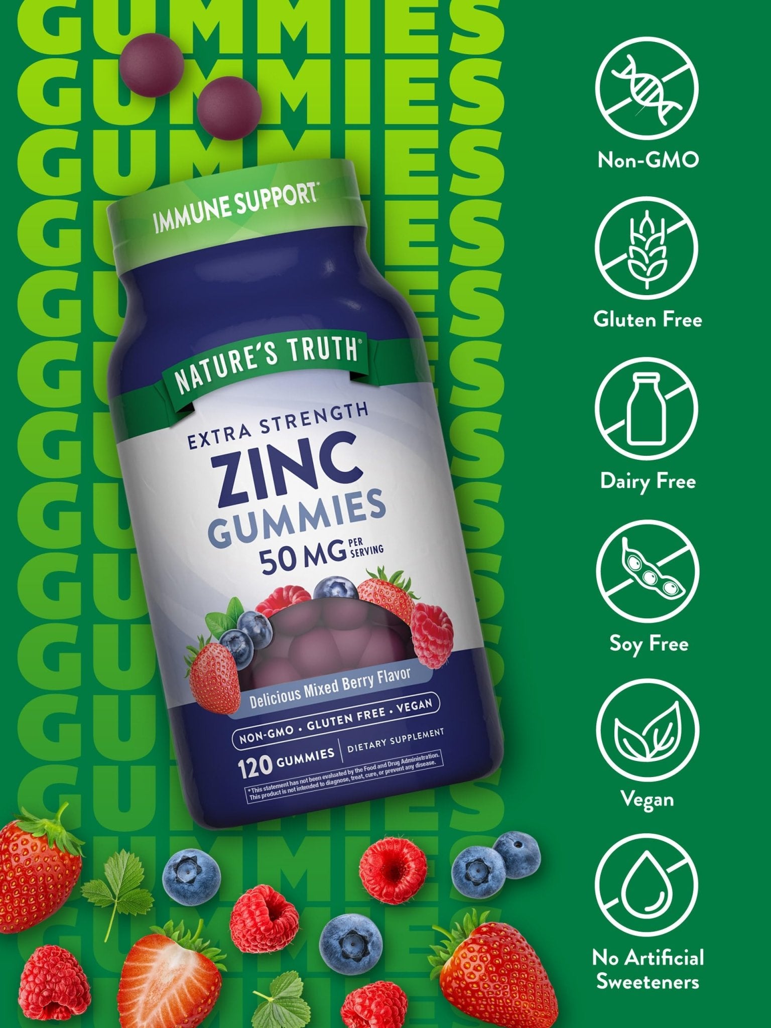 Nature's Truth Zinc Gummies for Adults | 50mg | 120 Count | Vegan, Non-GMO & Gluten Free Supplement | Mixed Berry Flavor - dailyvitalstore