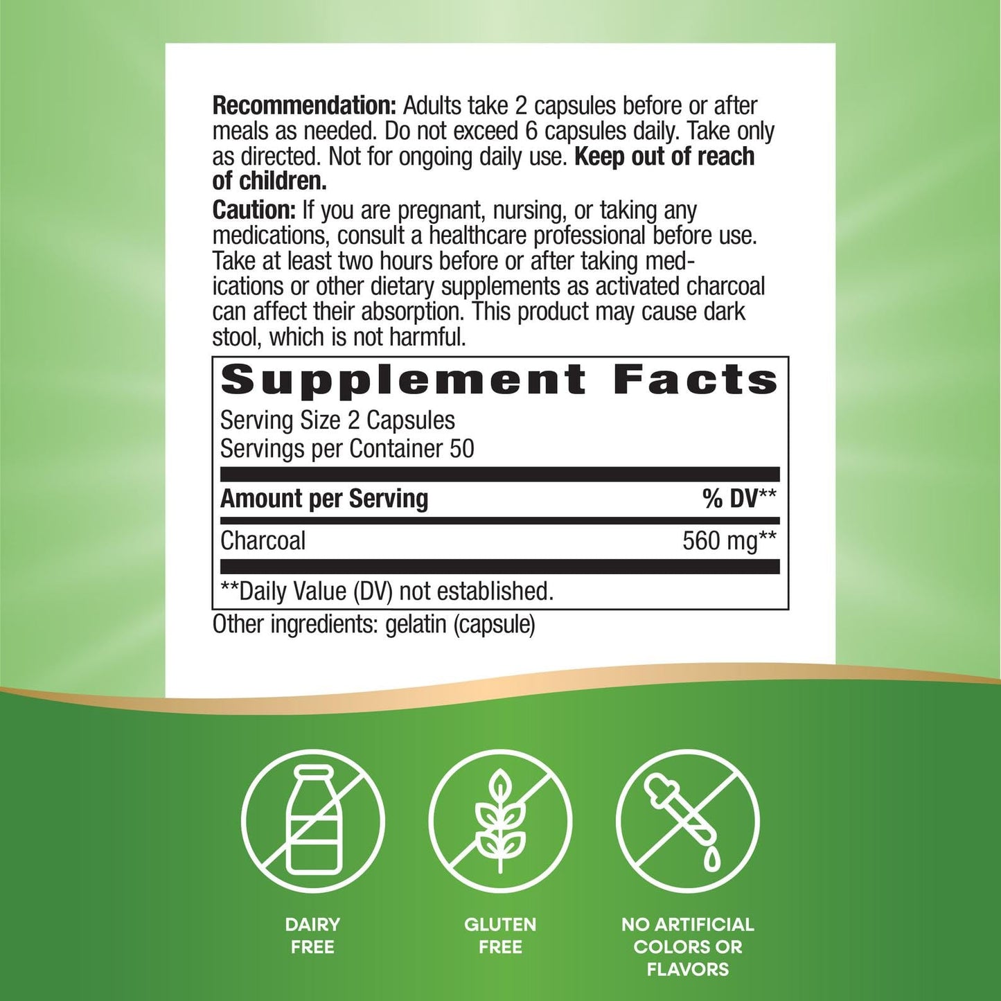 Nature's Way Activated Charcoal, Binds Unwanted Materials and Gas in the Digestive Tract*, 560 mg per 2-Capsule Serving, - dailyvitalstore