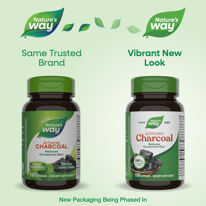 Nature's Way Activated Charcoal, Binds Unwanted Materials and Gas in the Digestive Tract*, 560 mg per 2-Capsule Serving, - dailyvitalstore