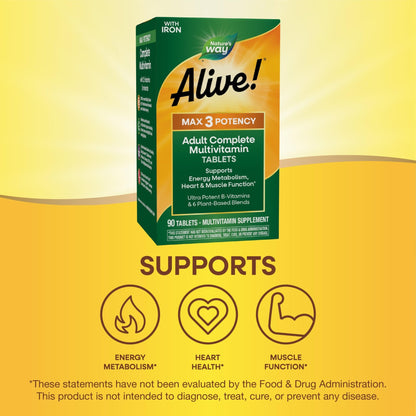 Nature's Way Alive! Max3 Potency Daily Multivitamin, Methylated B12 and Folate, Ultra Potency B-vitamins to Support Energy Metabolism*, 90 Tablets - dailyvitalstore