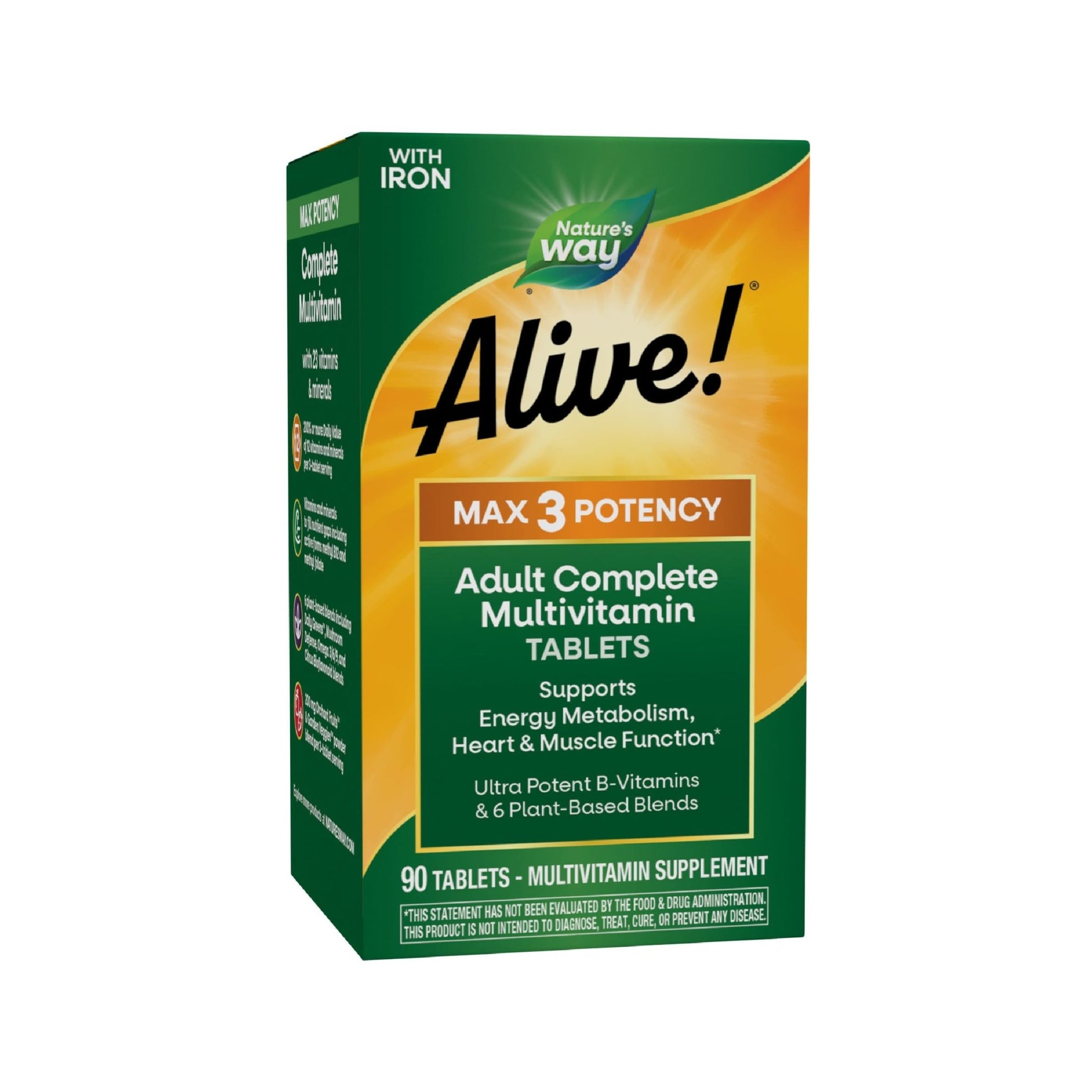 Nature's Way Alive! Max3 Potency Daily Multivitamin, Methylated B12 and Folate, Ultra Potency B-vitamins to Support Energy Metabolism*, 90 Tablets - dailyvitalstore