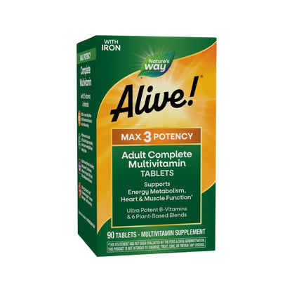 Nature's Way Alive! Max3 Potency Daily Multivitamin, Methylated B12 and Folate, Ultra Potency B-vitamins to Support Energy Metabolism*, 90 Tablets - dailyvitalstore