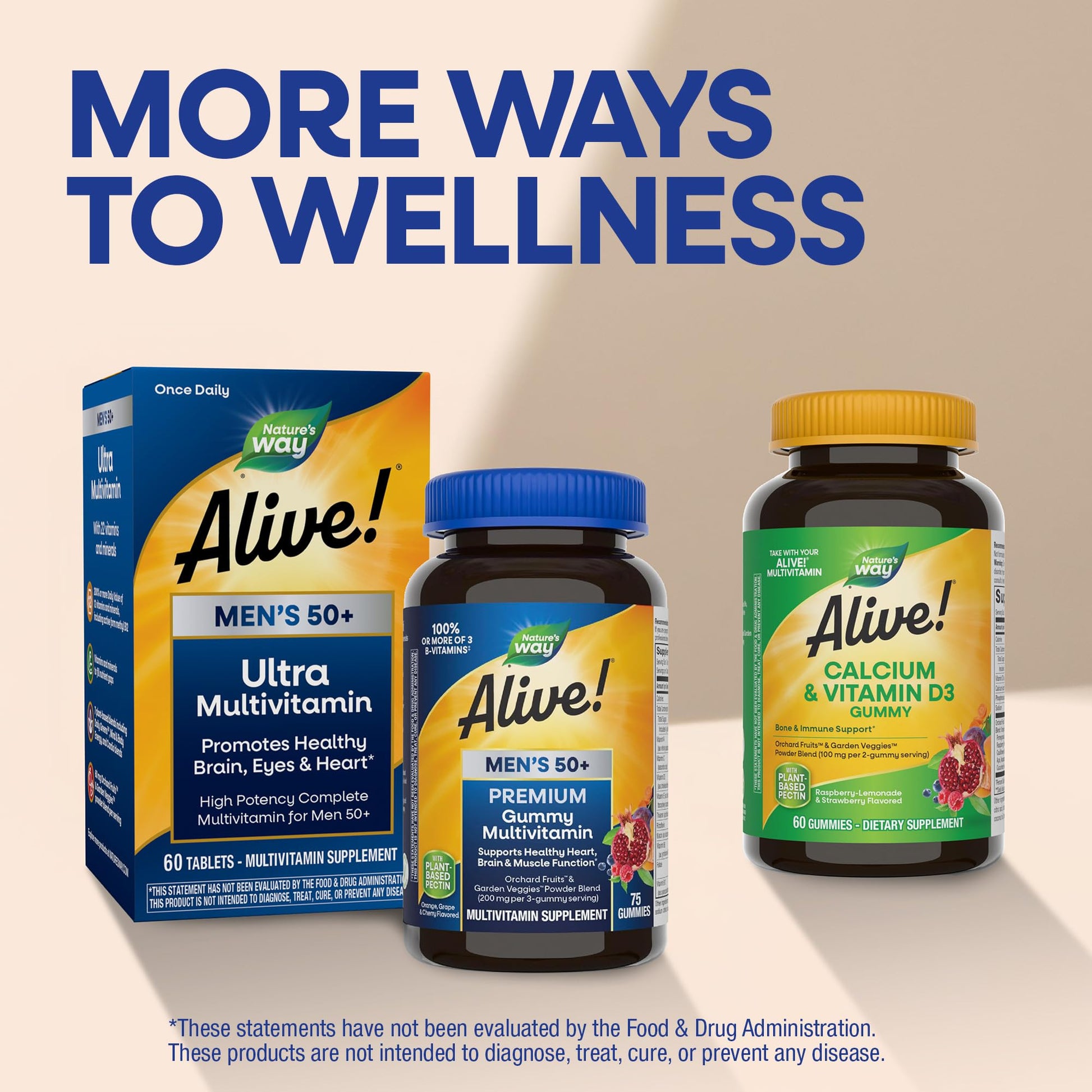 Nature’s Way Alive! Men’s 50 Plus Premium Gummy Multivitamin, Supports Healthy Heart, Brain & Muscle Function with High Potency B-Vitamins, Vitamin A, C, D3 - dailyvitalstore