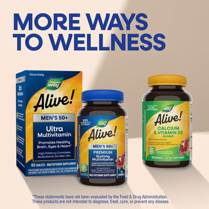 Nature’s Way Alive! Men’s 50 Plus Premium Gummy Multivitamin, Supports Healthy Heart, Brain & Muscle Function with High Potency B-Vitamins, Vitamin A, C, D3 - dailyvitalstore