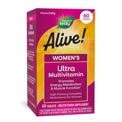 Nature's Way Alive! Ultra Multivitamin for Women, Complete Daily Women's Vitamins, High Potency Formula, Promotes Energy Metabolism and Muscle Function*, Vitamin A, C, D, Methylated B12, 60 Tablets - dailyvitalstore