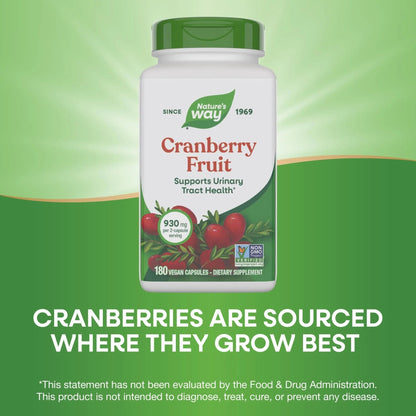 Nature's Way Cranberry Fruit, Cranberry Supplements, Supports Urinary Tract Health*, 930 mg per 2-Capsule Serving, 180 Capsules (Packaging May Vary) - dailyvitalstore