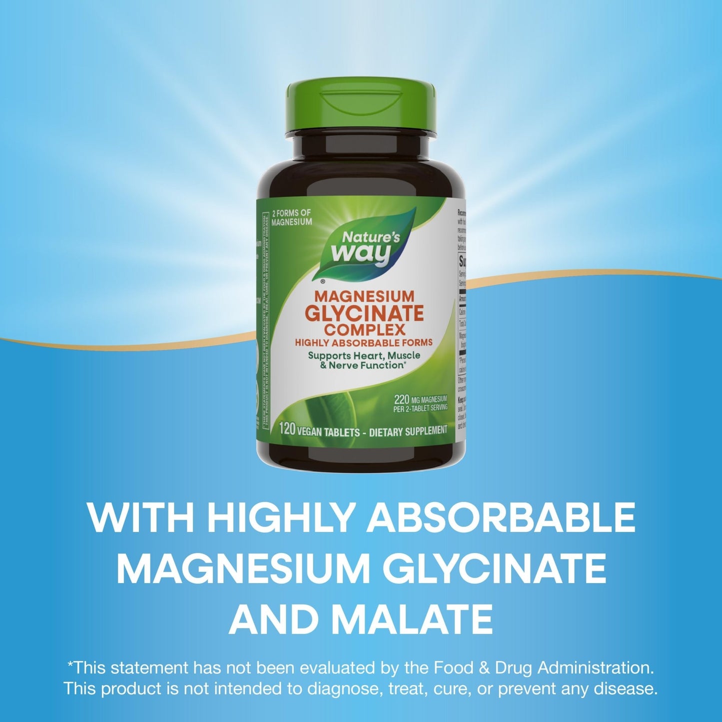 Nature's Way Magnesium Glycinate Complex, Supports Heart, Muscle, Nerve Function*, Highly Absorbable, 220 mg per 2-Tablet Serving, No Gluten, Vegan, 120 Tablets - dailyvitalstore