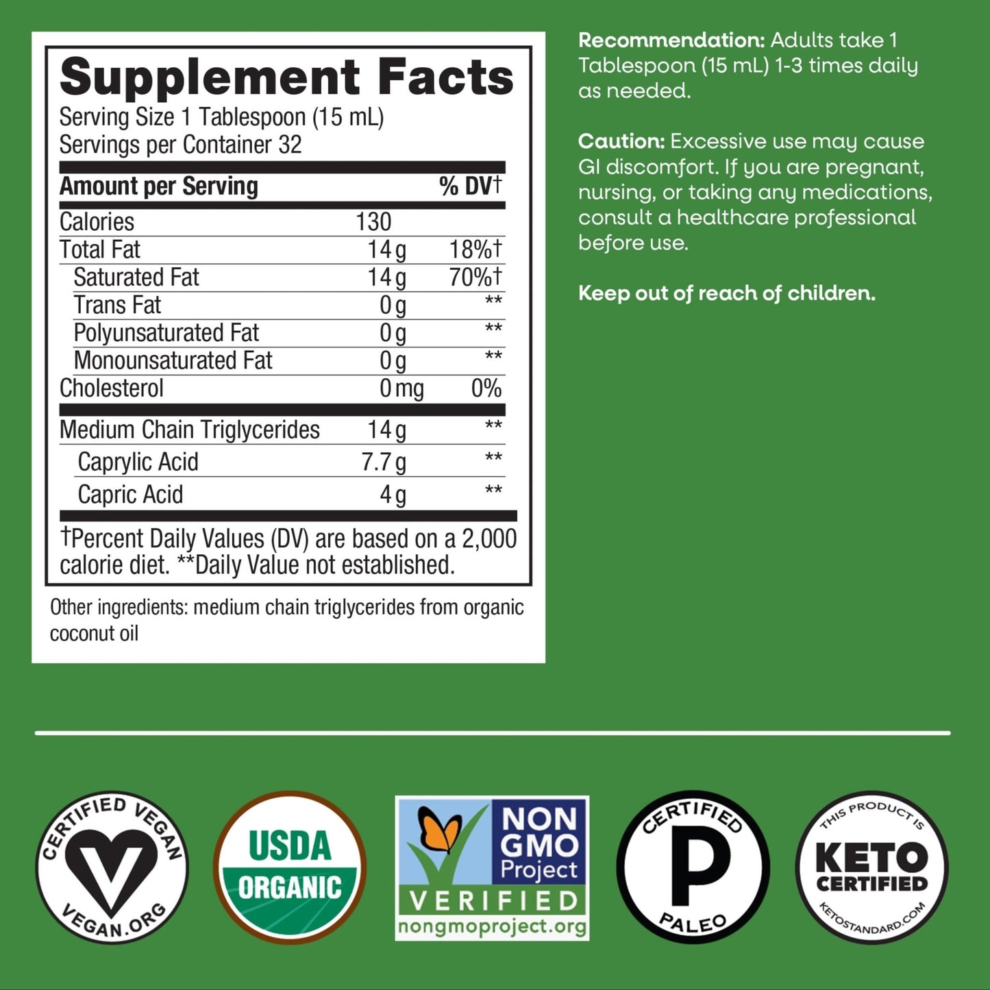 Nature's Way Organic MCT Oil, Brain and Body Fuel*, Liquid Coconut MCT Oil with C8 Caprylic & C10 Capric Acids, 14 g Medium Chain Triglycerides per Serving, - dailyvitalstore