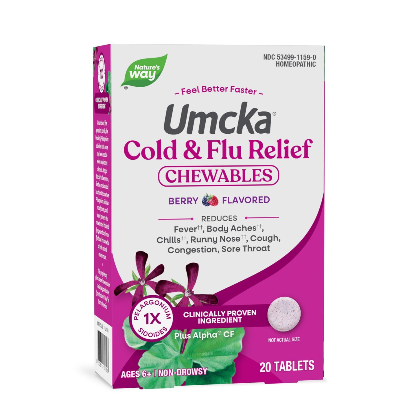 Nature’s Way Umcka Cold and Flu Relief Chewables, Non-Drowsy Multi-Symptom Relief, Homeopathic Cold Medicine & Remedy, Shortens & Reduces Severity of Colds, Berry-Flavored Cold & Flu Tablets, 20 Count - dailyvitalstore