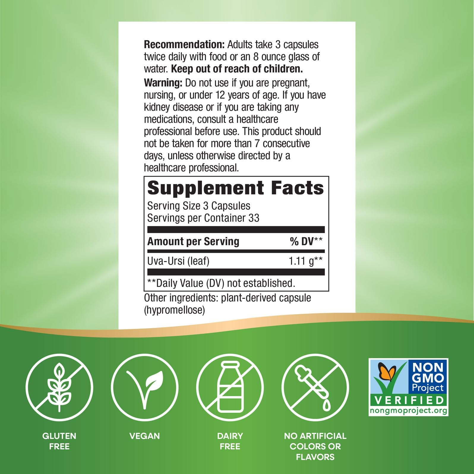 Nature's Way Uva Ursi Leaves, Traditional Urinary Support*, 1,110 mg per 3-Capsule Serving, Non-GMO Project Verified, Herbal Dietary Supplement, Gluten Free, 100 Vegan Capsules (Packaging May Vary) - dailyvitalstore
