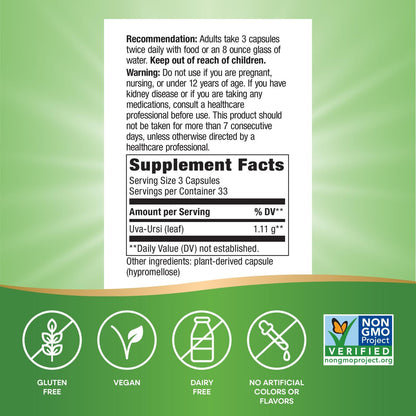 Nature's Way Uva Ursi Leaves, Traditional Urinary Support*, 1,110 mg per 3-Capsule Serving, Non-GMO Project Verified, Herbal Dietary Supplement, Gluten Free, 100 Vegan Capsules (Packaging May Vary) - dailyvitalstore