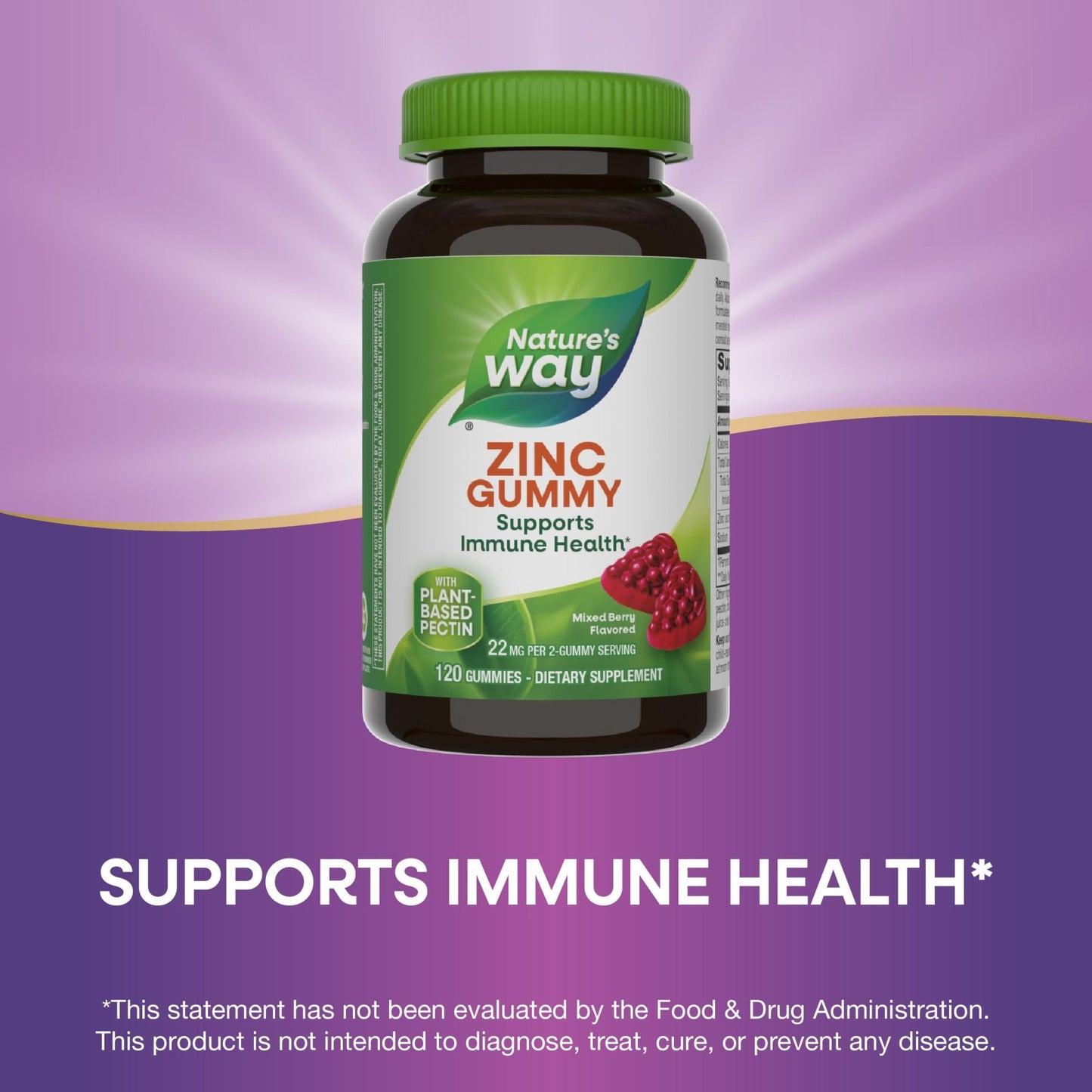 Nature's Way Zinc Gummies, Adult & Kids 9+ Immune Support Gummies*, 100% Daily Value per Serving, Mixed Berry Flavor, 120 Chews - dailyvitalstore