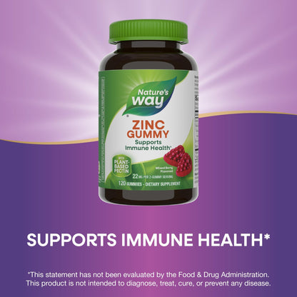 Nature's Way Zinc Gummies, Adult & Kids 9+ Immune Support Gummies*, 100% Daily Value per Serving, Mixed Berry Flavor, 120 Chews - dailyvitalstore