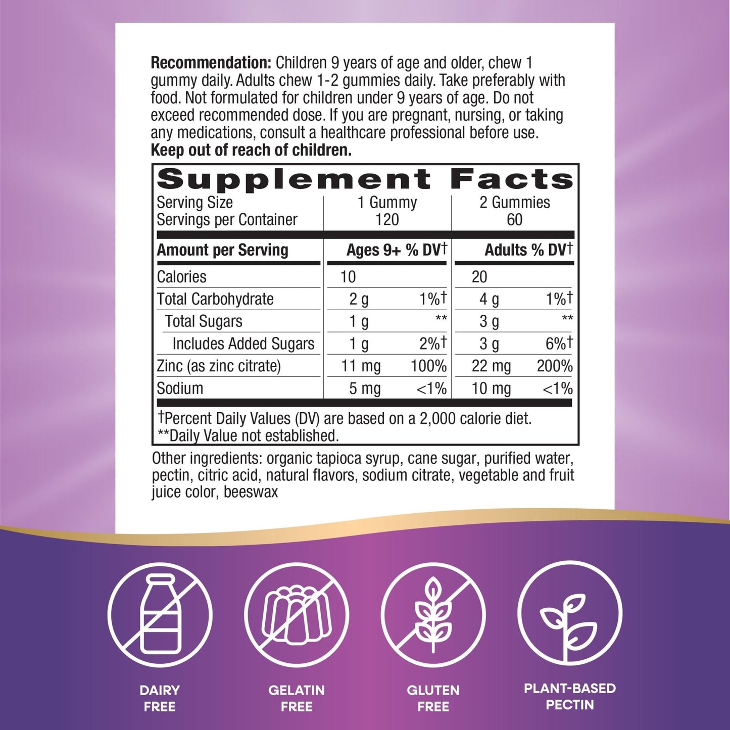 Nature's Way Zinc Gummies, Adult & Kids 9+ Immune Support Gummies*, 100% Daily Value per Serving, Mixed Berry Flavor, 120 Chews - dailyvitalstore
