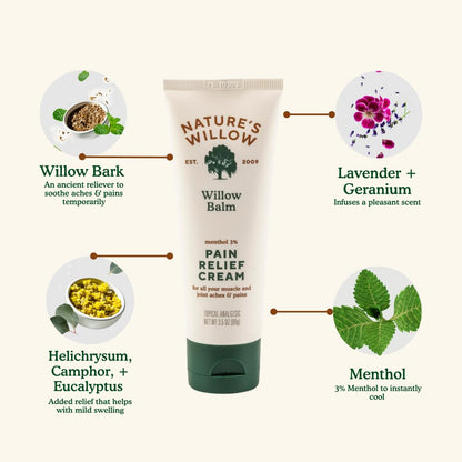 Nature's Willow Willow Balm Natural Pain Relief Cream for Muscles & Joints | Fast-Acting with Willow Bark & Menthol | Free from Artificial Fragrances & Dyes | 1-Pack | 3.5 fl oz - dailyvitalstore