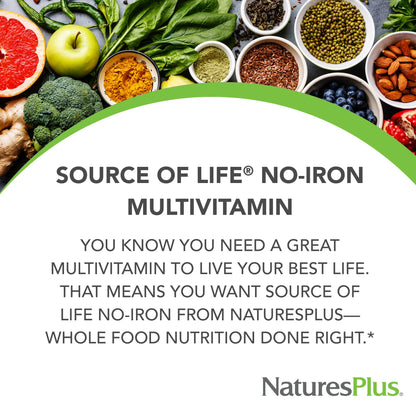 NaturesPlus Source of Life No Iron - 90 Tablets - Multivitamin & Mineral Supplement with Vitamin D3 - Supports Natural Energy & Well-Being - Gluten Free, Vegetarian - 30 Servings - dailyvitalstore