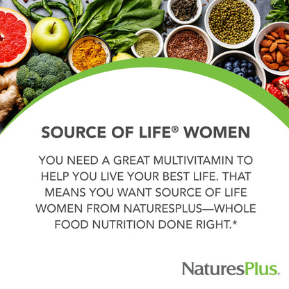 NaturesPlus Source of Life Women - 60 Tablets - Multivitamin & Mineral Supplement - with Iron, Calcium, Folate & Lutein - Gluten Free, Vegetarian - 30 Servings - dailyvitalstore