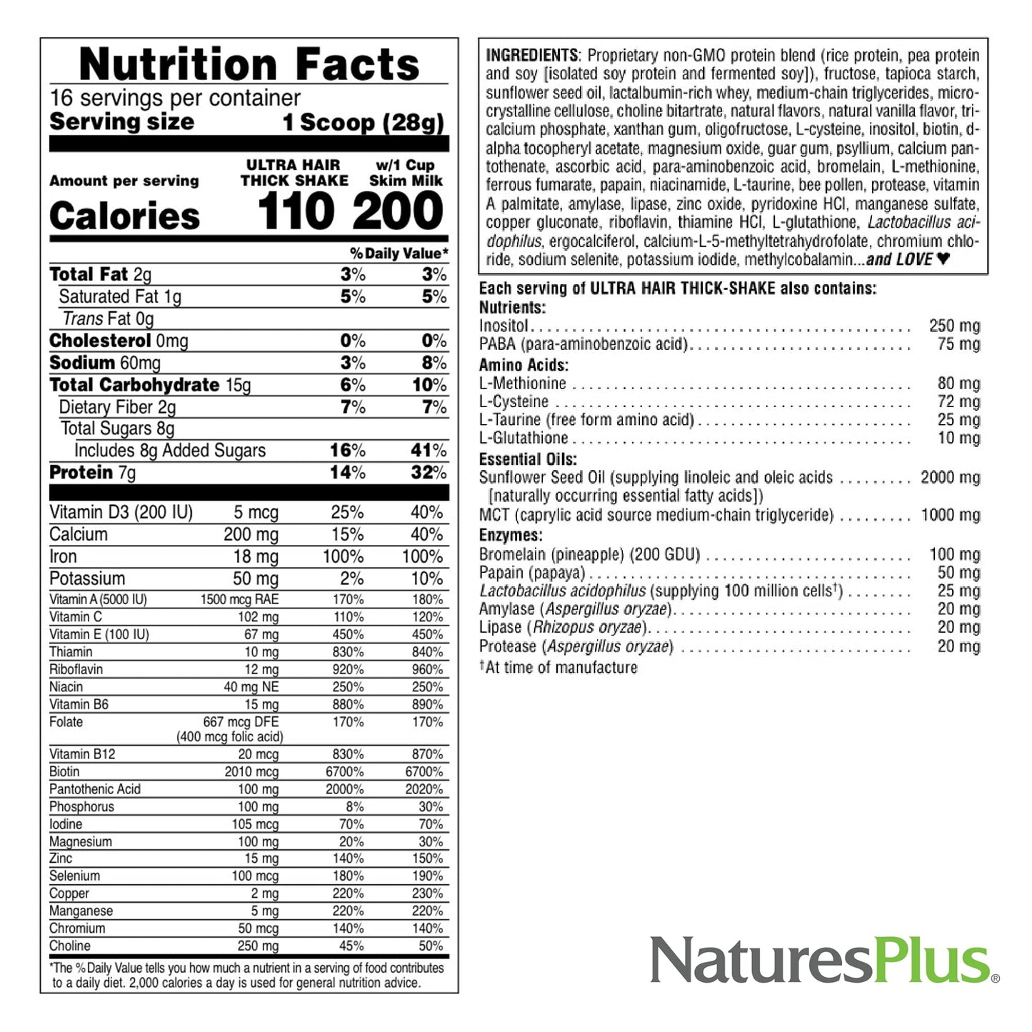 NaturesPlus Ultra Hair Thick Shake - 1 lb - French Vanilla Flavor - Hair Protein Powder for Healthy Growth - With Biotin & Amino Acids - Non-GMO, Gluten-Free - 16 Servings - dailyvitalstore